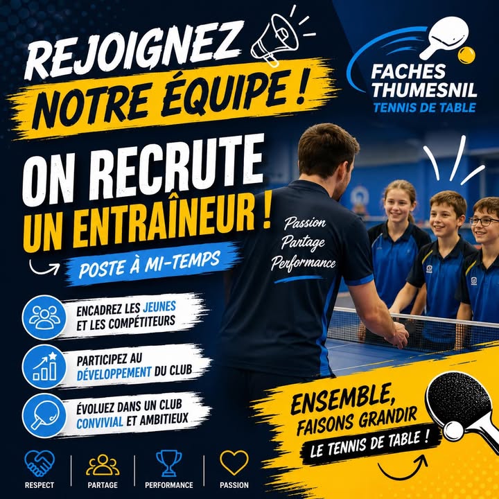 🏓 RECRUTEMENT – ENTRAÎNEUR DE TENNIS DE TABLE (MI-TEMPS) 🏓